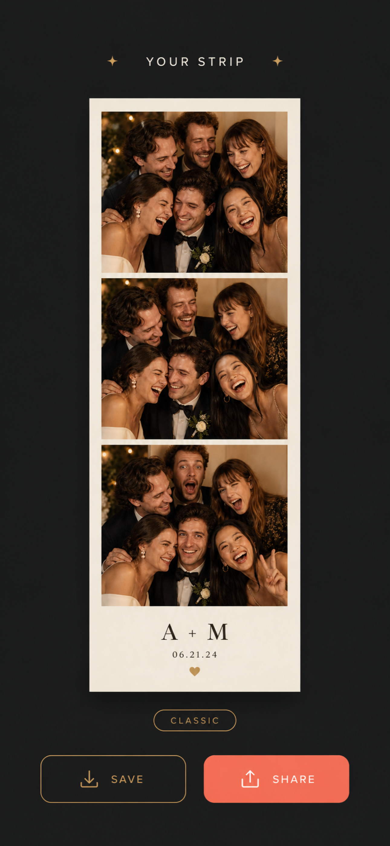 Boothly finished photo strip screen with Save and Share buttons