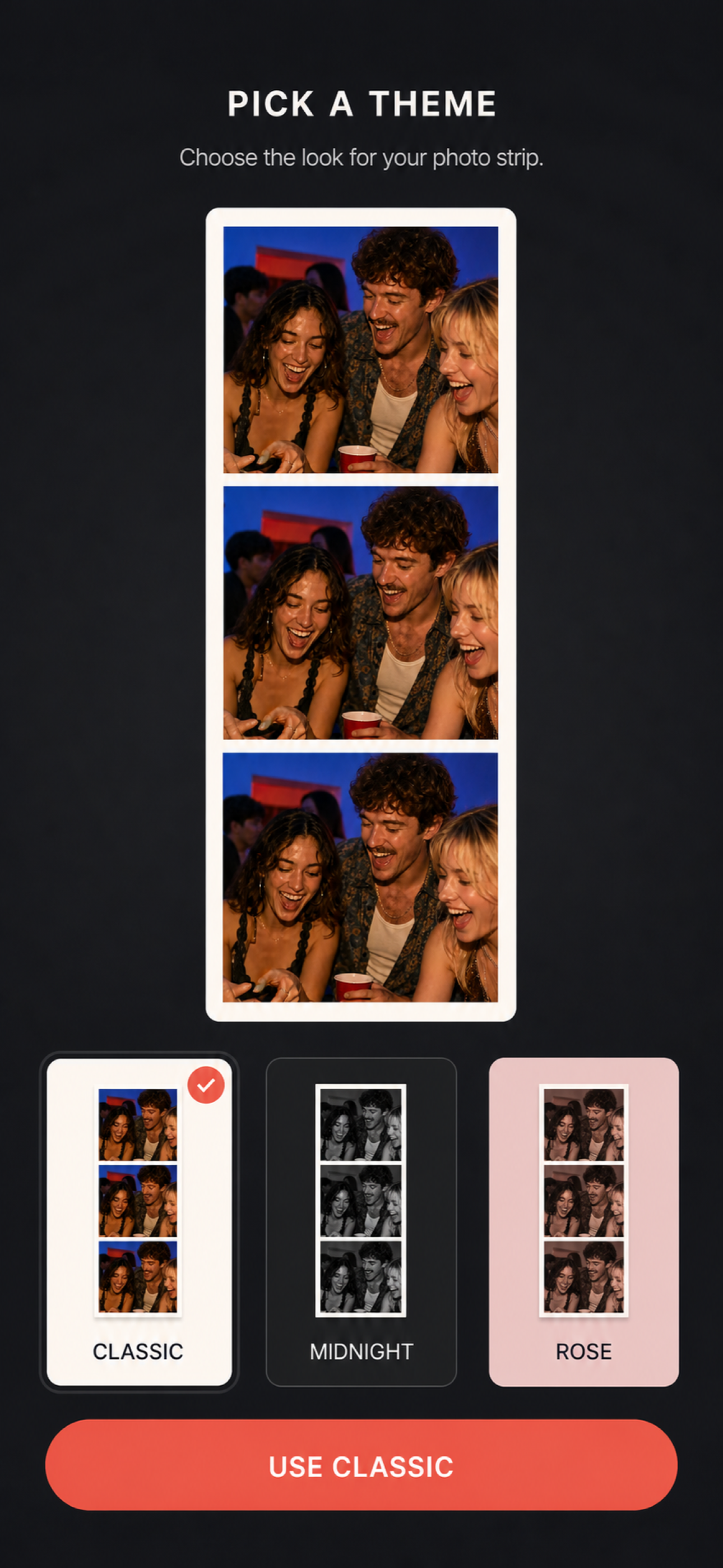 Boothly theme picker with Classic, Midnight, and Rose options
