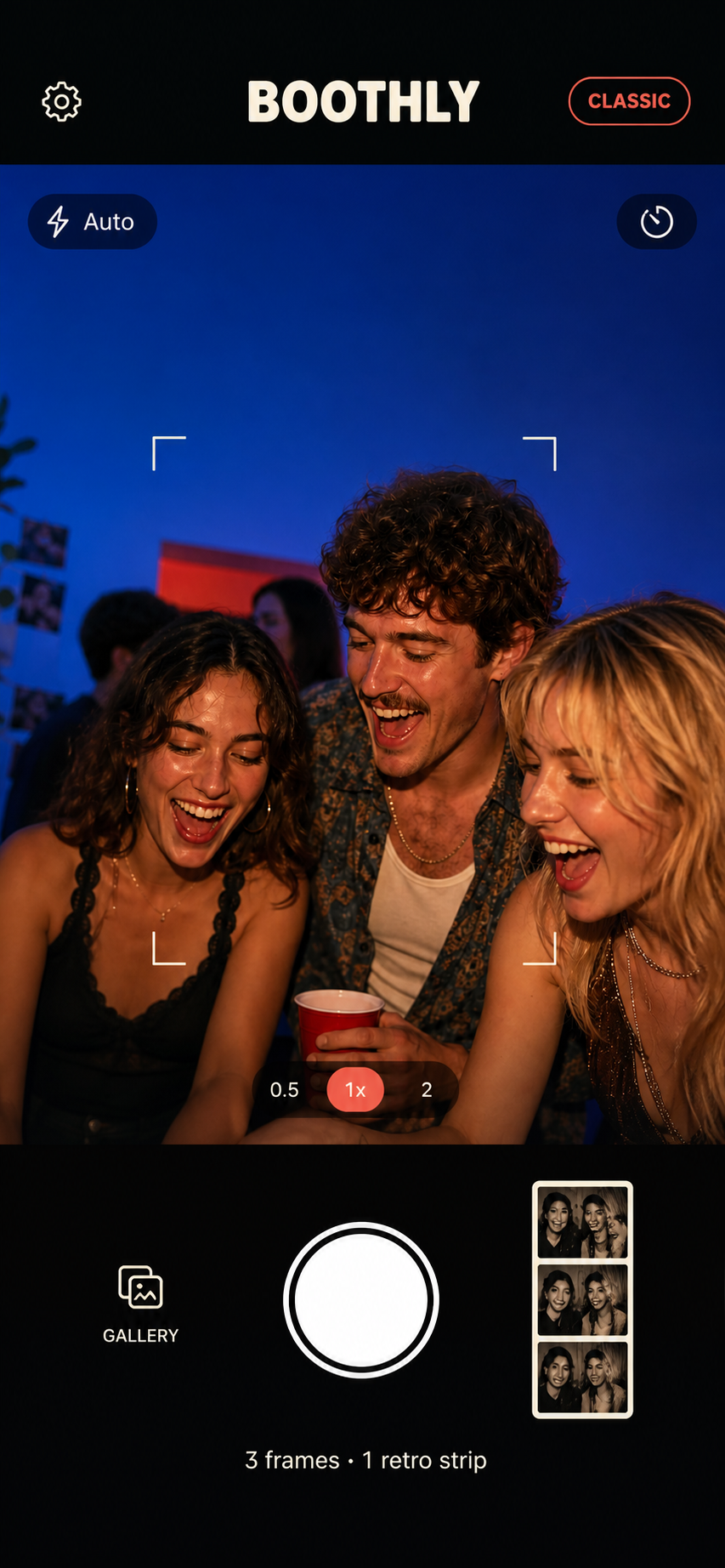 Boothly camera screen with a Take a photo shutter button and three-frame strip preview