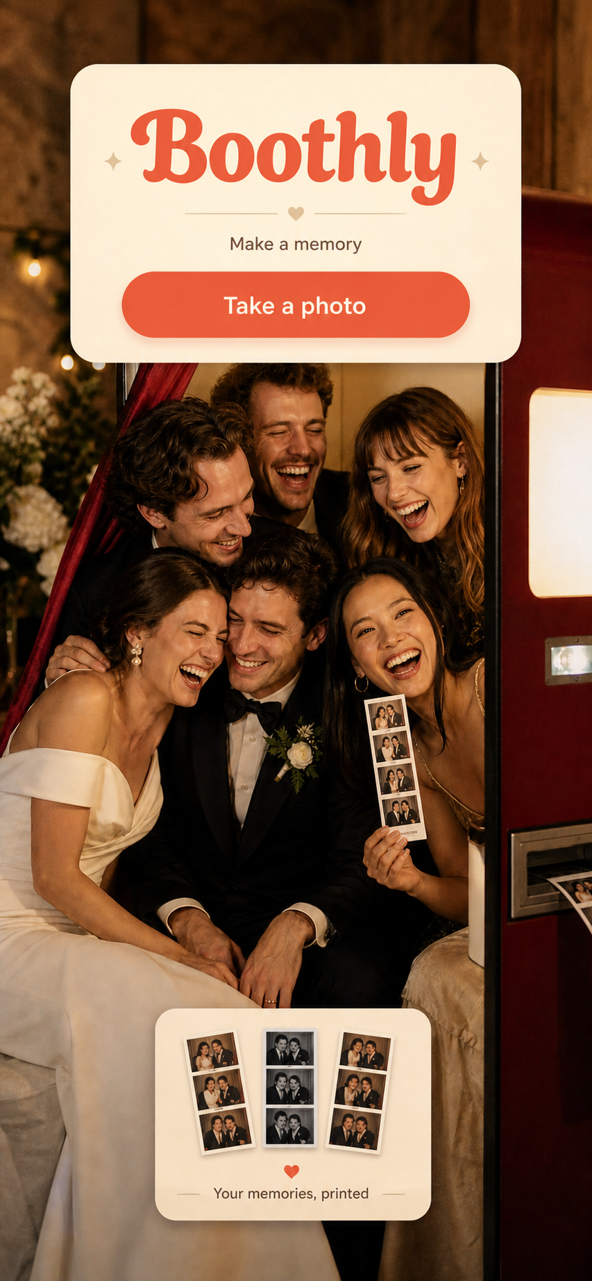 A wedding party laughing with a Boothly photo strip
