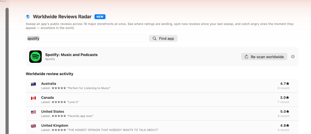 Worldwide Reviews Radar — an app's public reviews swept across major App Store storefronts with ratings and latest review per country