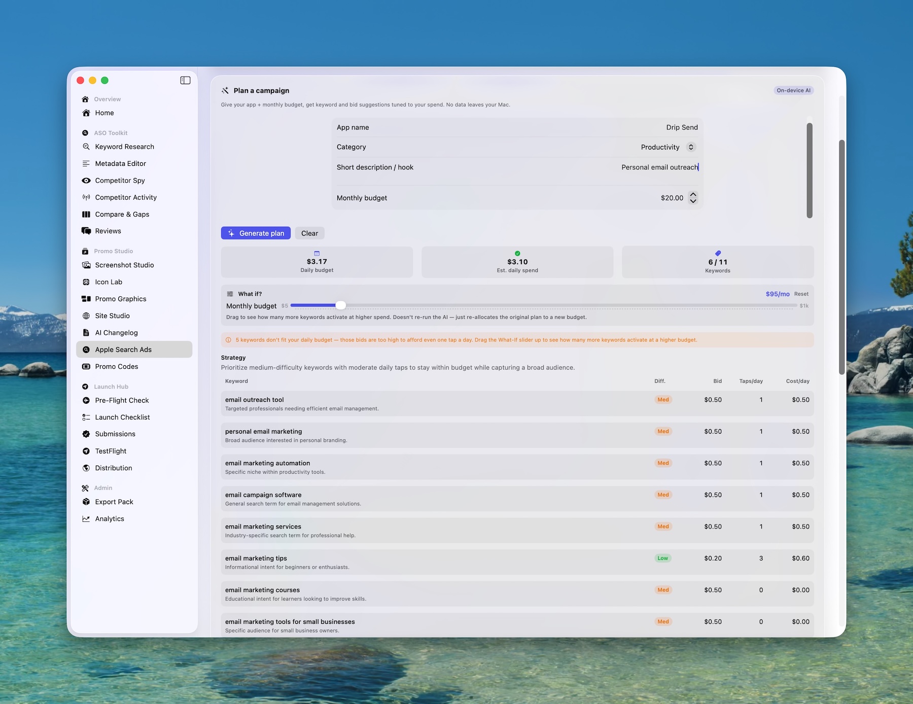 Dispatch Plan a Campaign — Apple Search Ads keyword and bid suggestions on-device