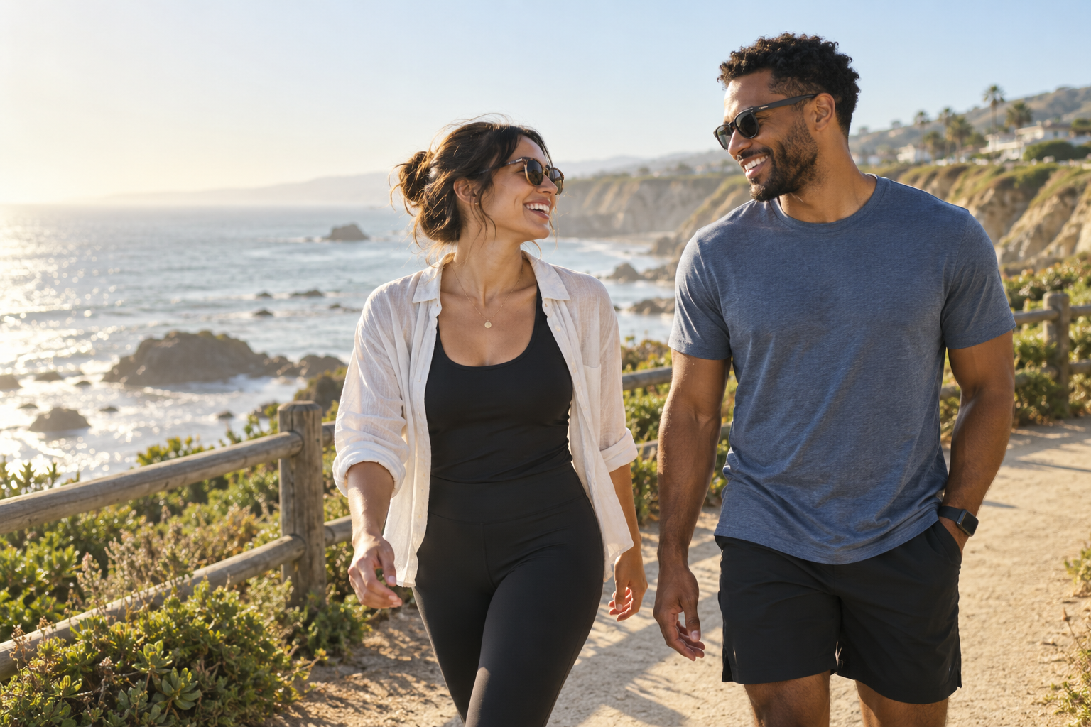 Two adults walking together beside a bright coastal path