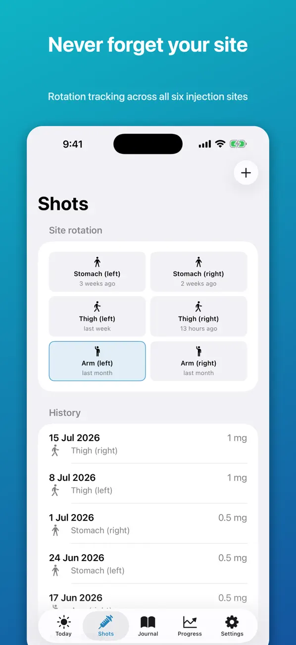GLP-1 Companion shot tracker and injection-site rotation screen