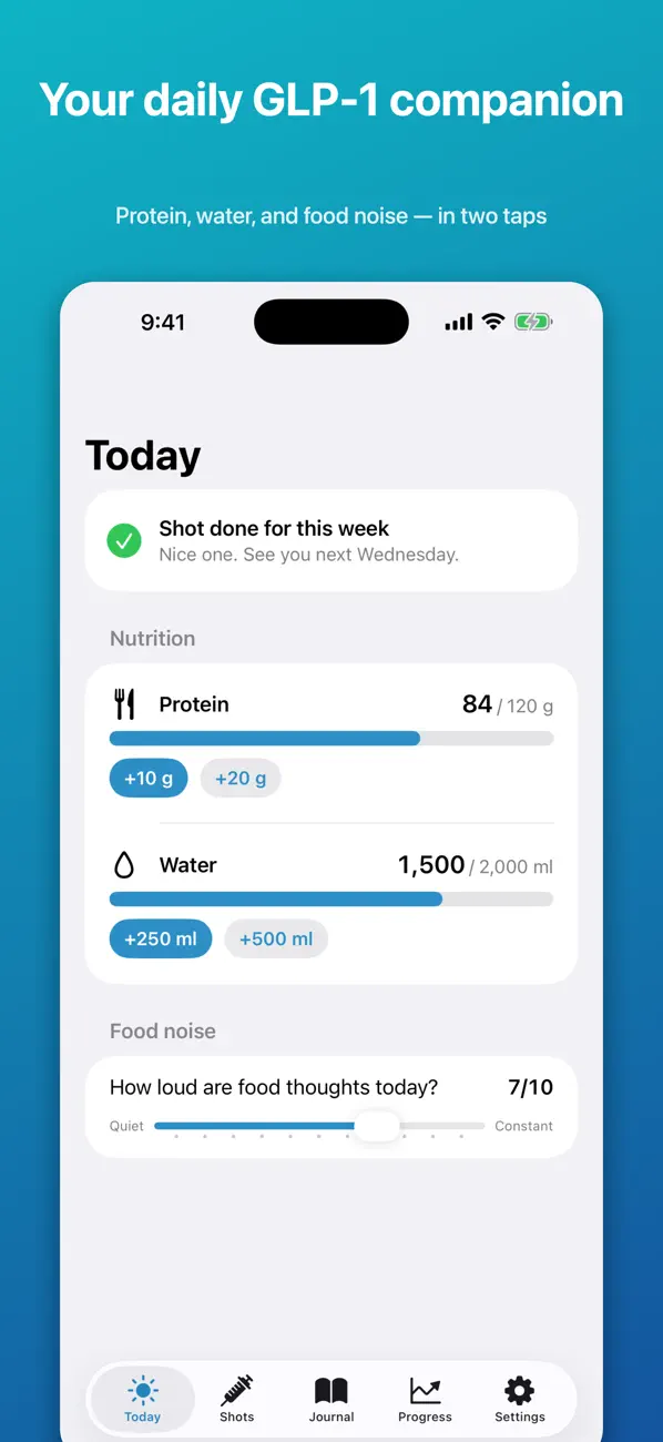 GLP-1 Companion today screen with the next shot and daily check-in