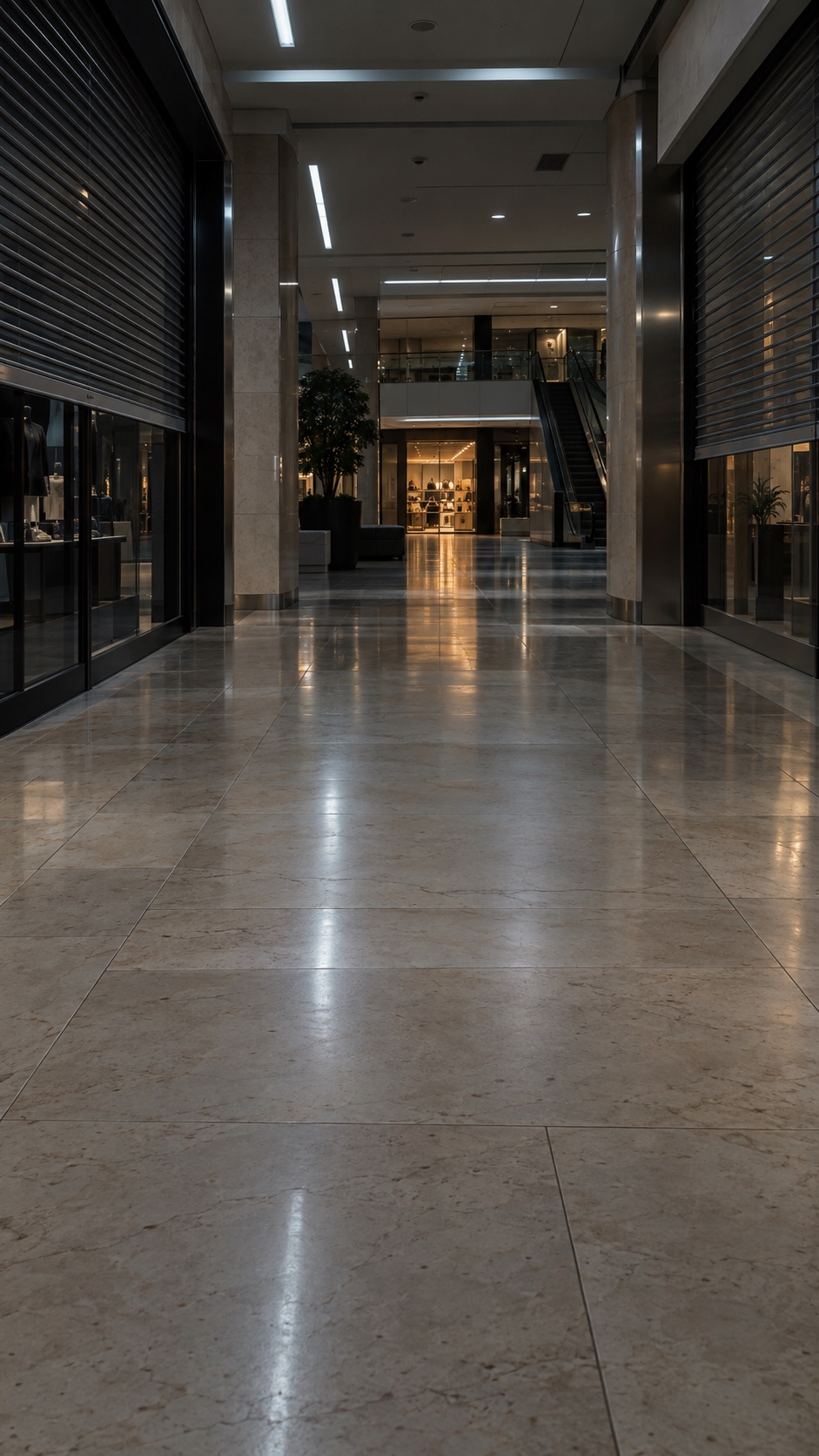 Empty mall corridor with a single warmly lit shop