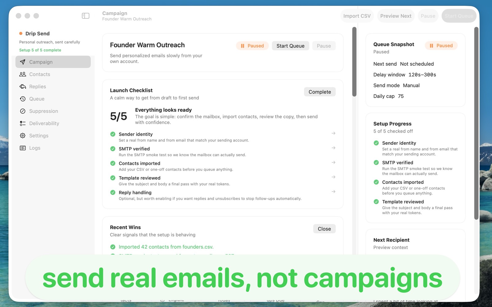 DripSend contacts table showing imported recipients, statuses, and timeline activity.