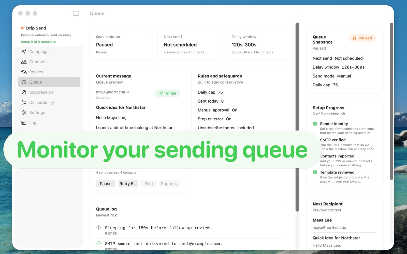 DripSend queue view showing paused campaign status, send controls, and setup progress.