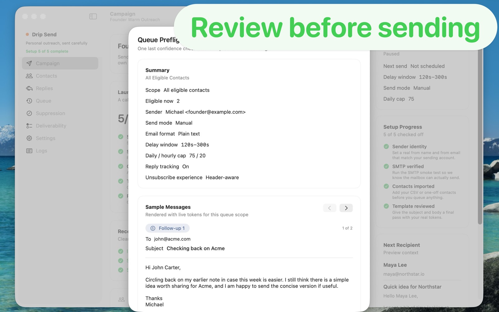 DripSend preflight modal with queue summary, sender settings, and sample message preview before send.