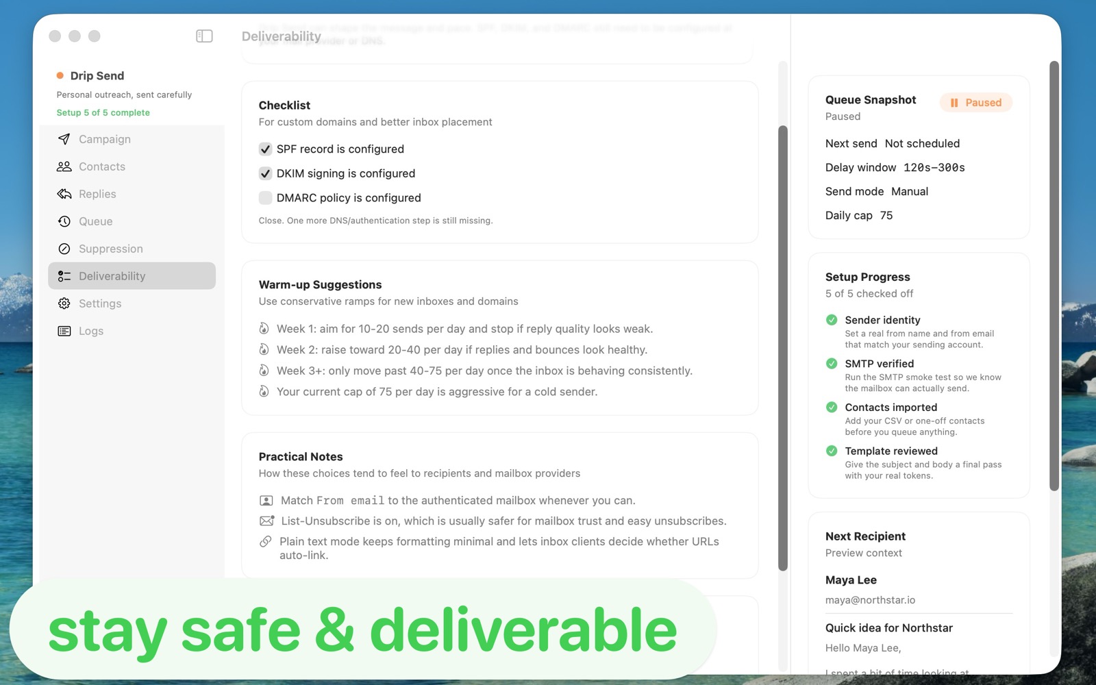 DripSend deliverability checklist with SPF, DKIM, warm-up guidance, and practical safety notes.