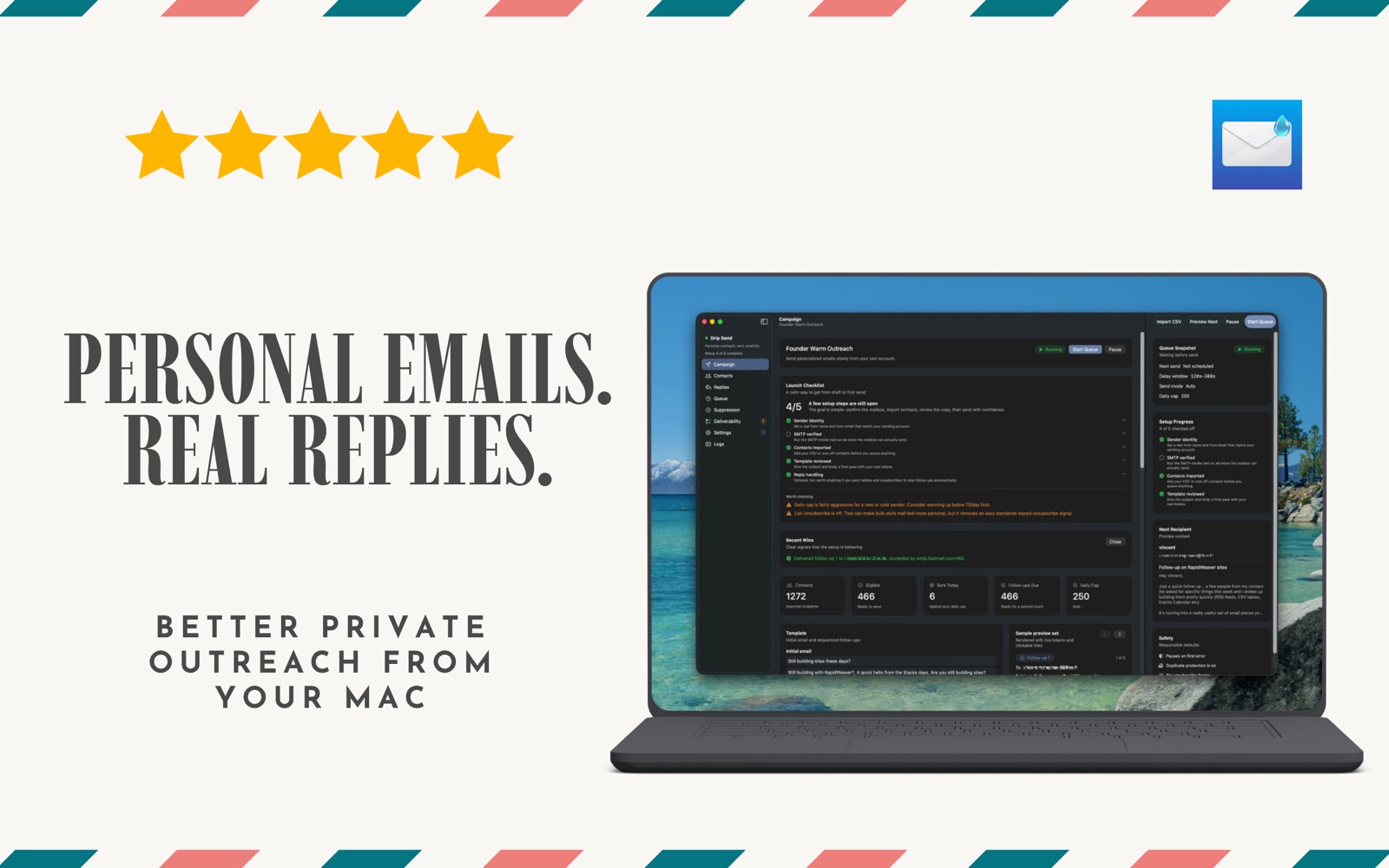 Drip Send showing personal emails and reply-focused outreach on Mac