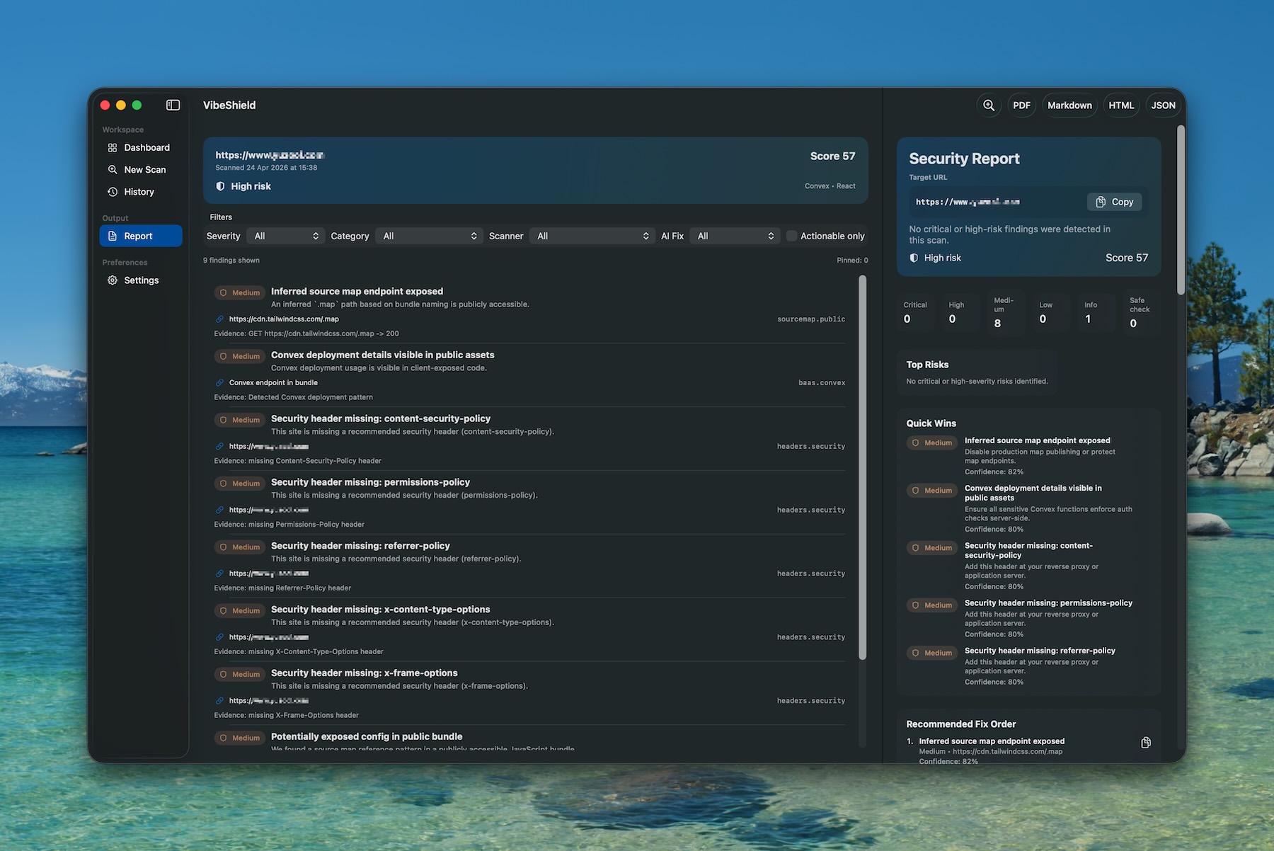 VibeShield dashboard showing scan summary and findings list