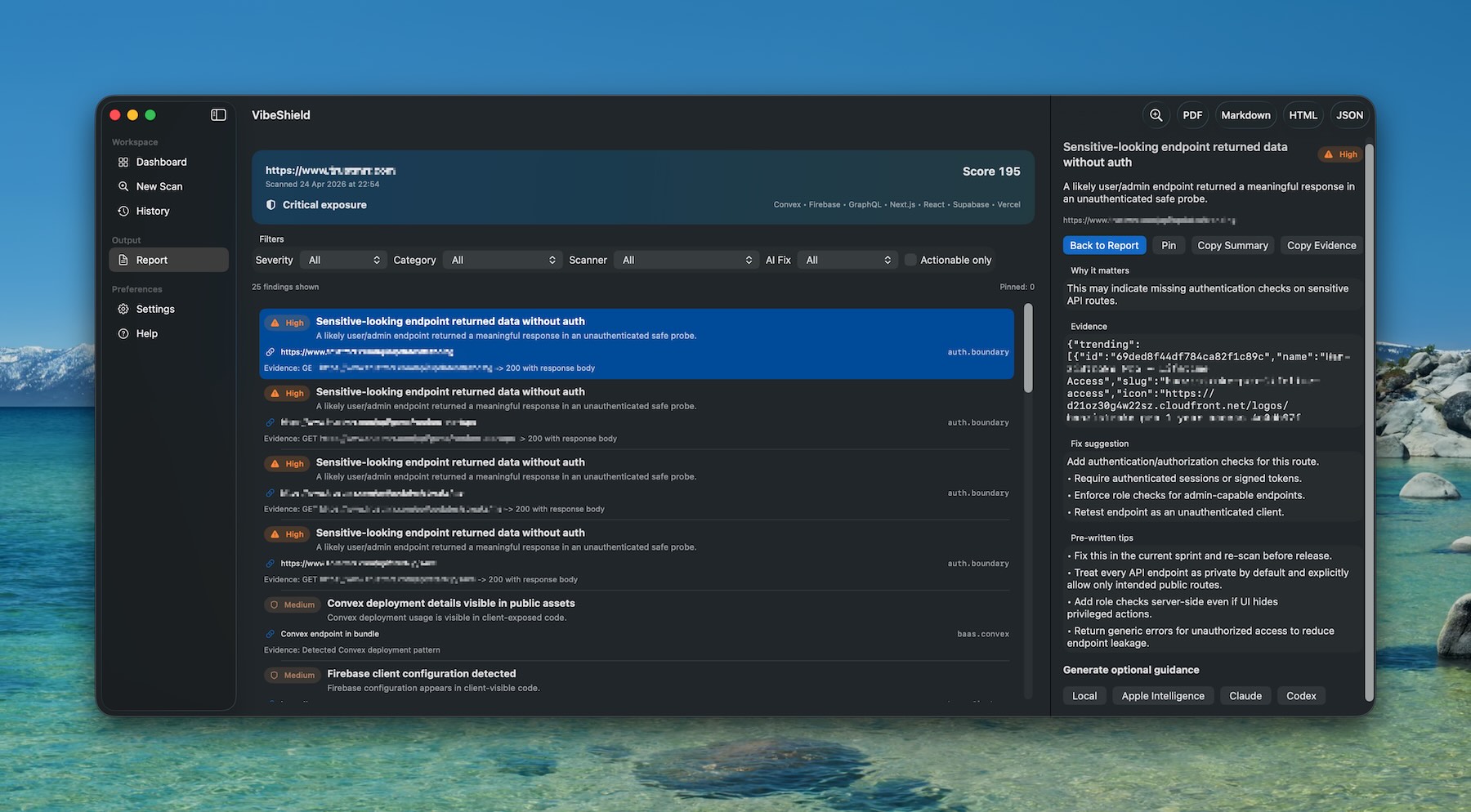 VibeShield finding detail panel with evidence and fix guidance