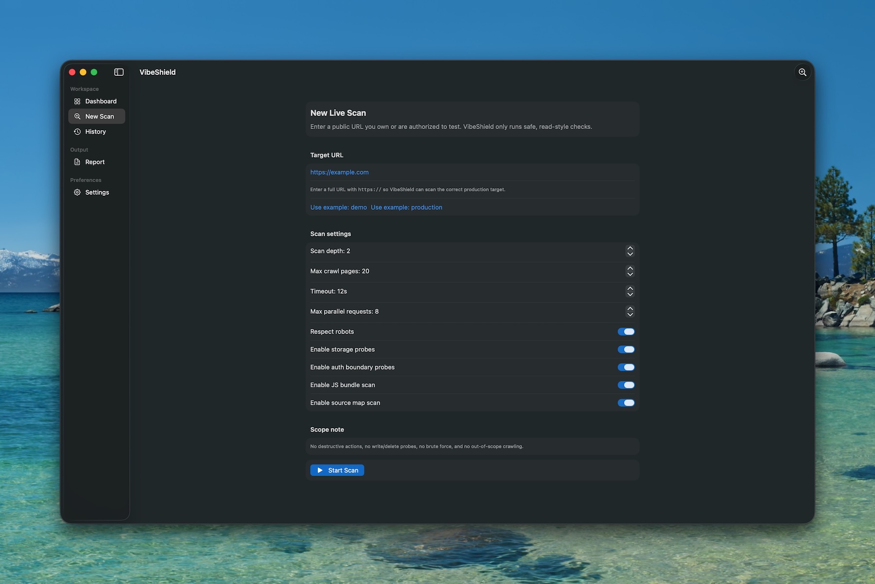 VibeShield new scan setup screen with safe scan controls