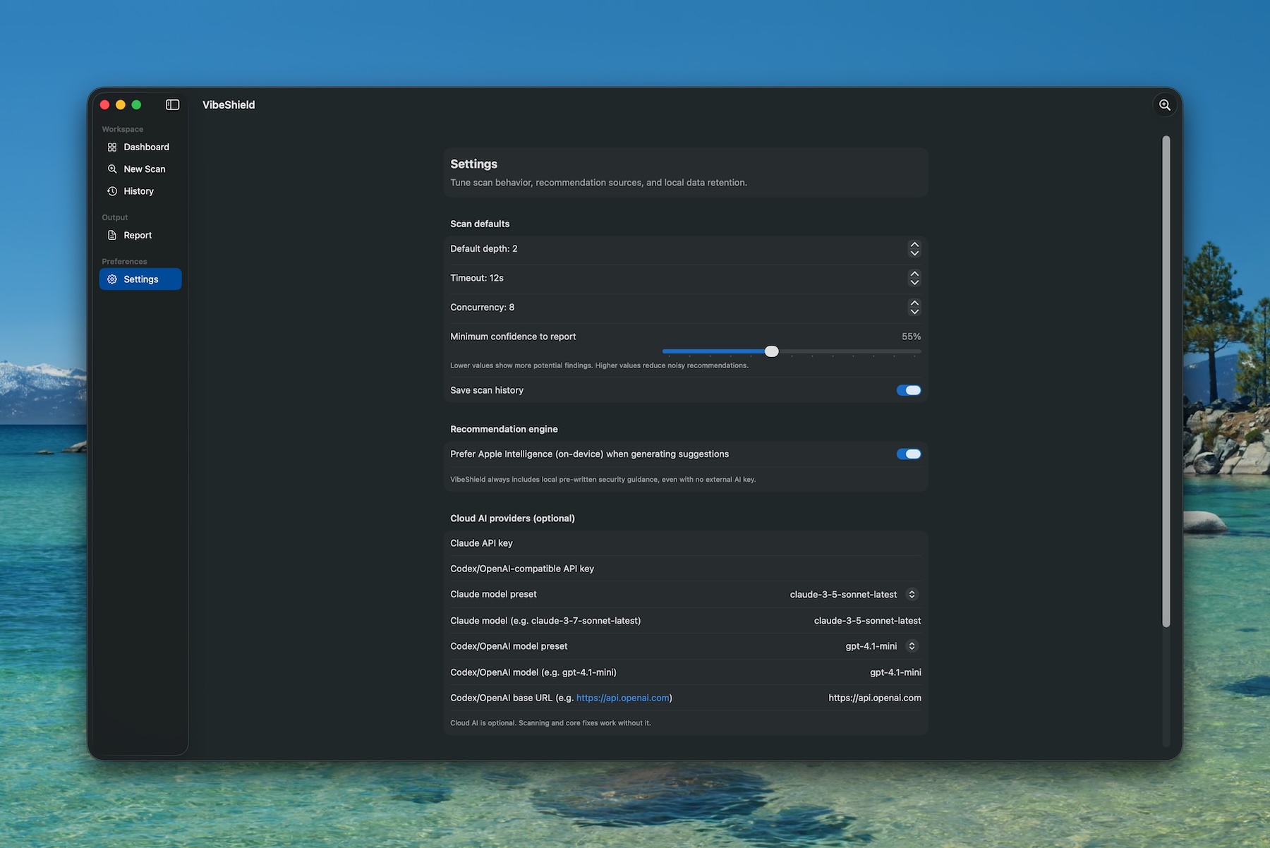 VibeShield settings screen for scan defaults and AI providers