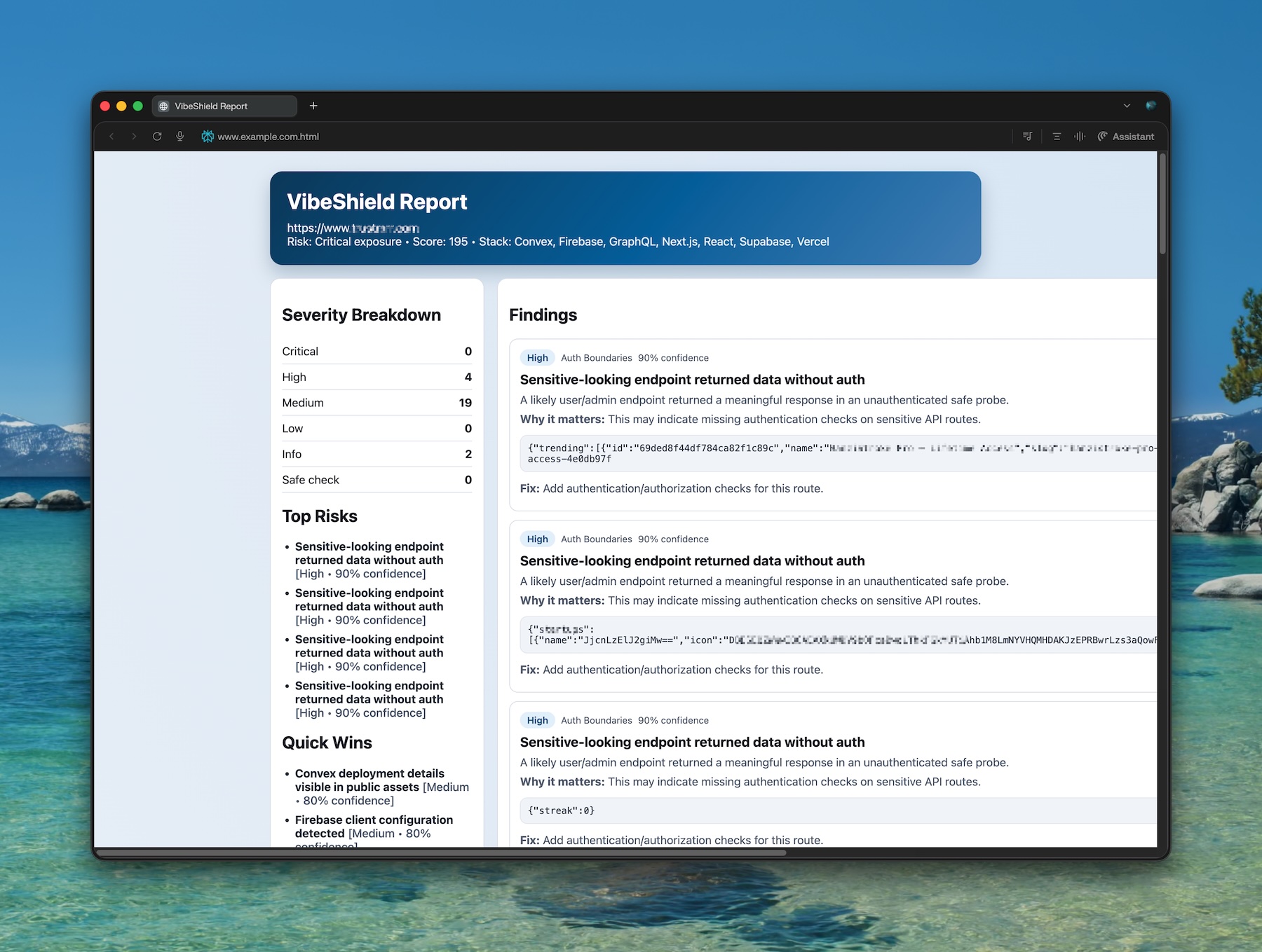 VibeShield exported HTML report in browser
