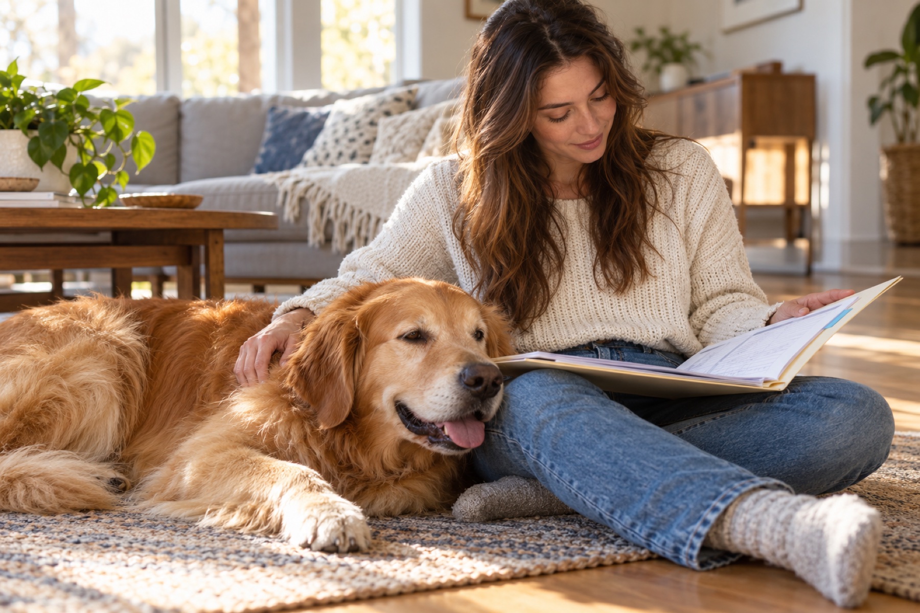 A dog resting beside its owner as they look through a pet health record