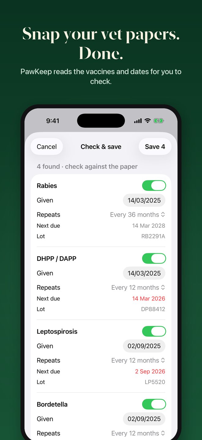 PawKeep scanning a vaccination certificate and listing the vaccines and dates it found