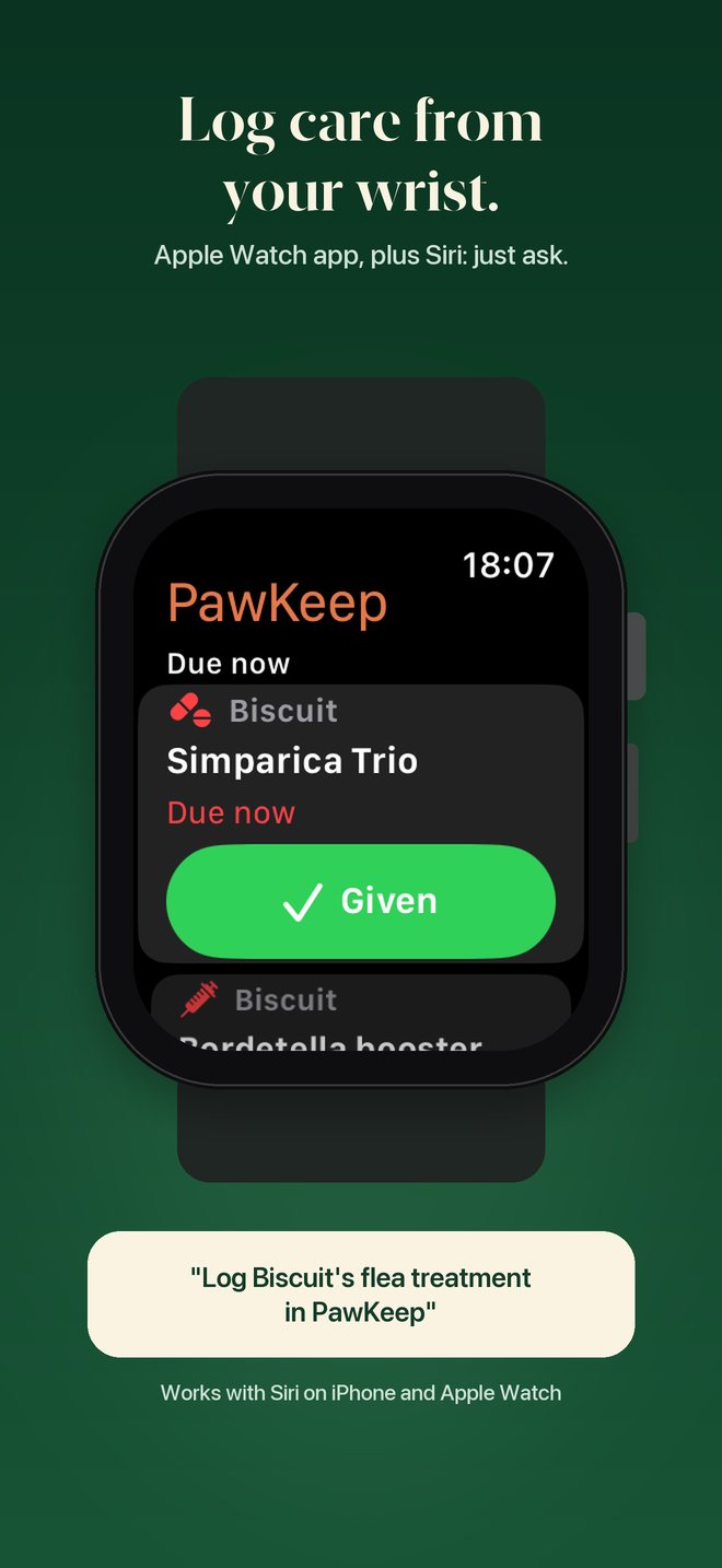 PawKeep on Apple Watch with a Given button, and a Siri phrase to log a flea treatment