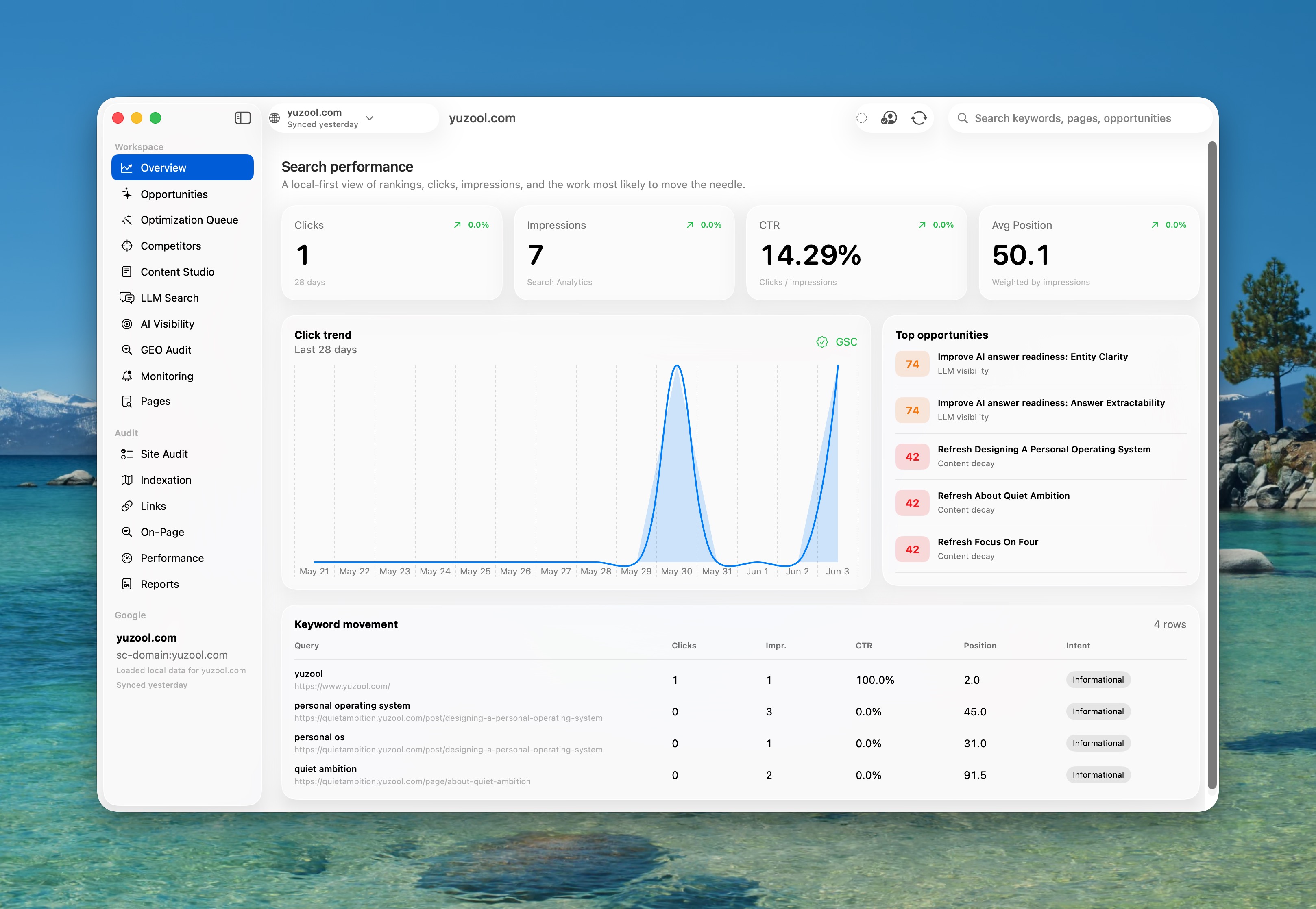 Rank for Mac dashboard showing SEO opportunities and Search Console data
