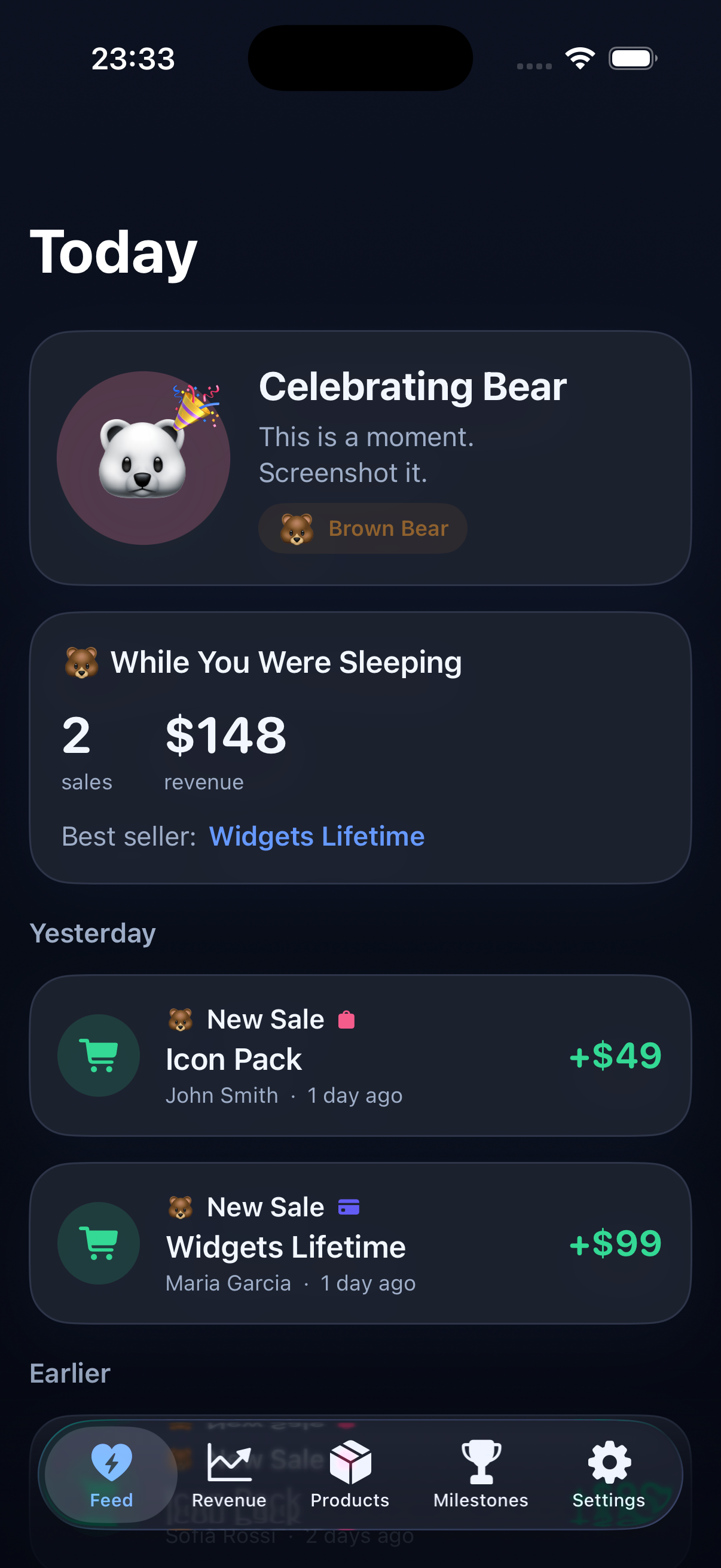 Revenue Bear feed showing a celebrating bear, a daily recap and new sales from multiple platforms
