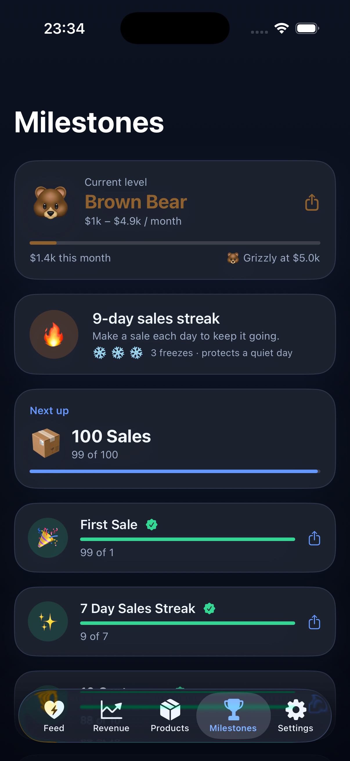 Revenue Bear milestone screen on iPhone