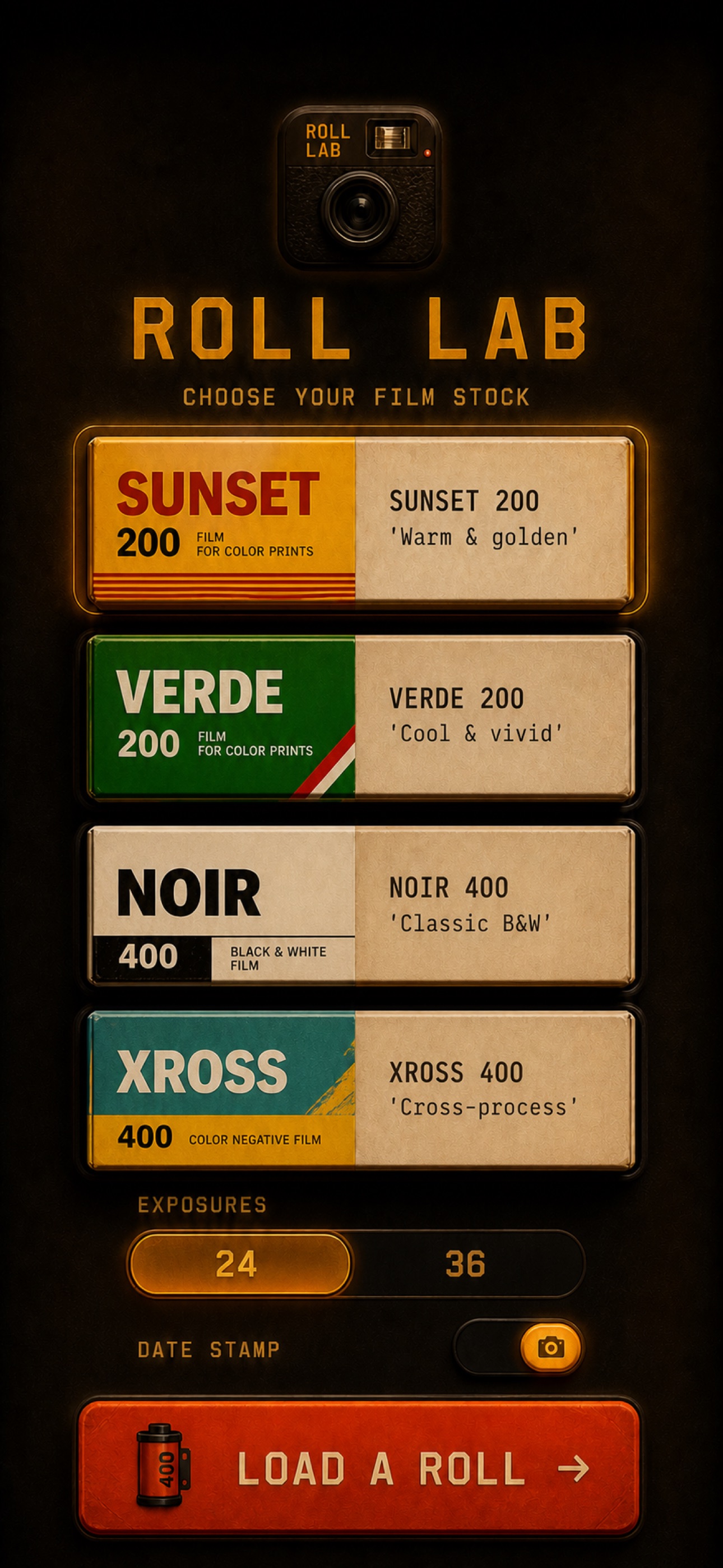 Choose a film stock in Roll Lab