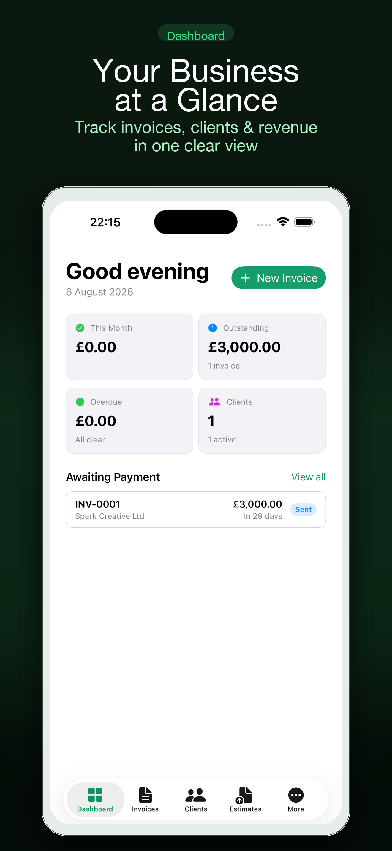 Settle dashboard showing revenue overview and awaiting payment list