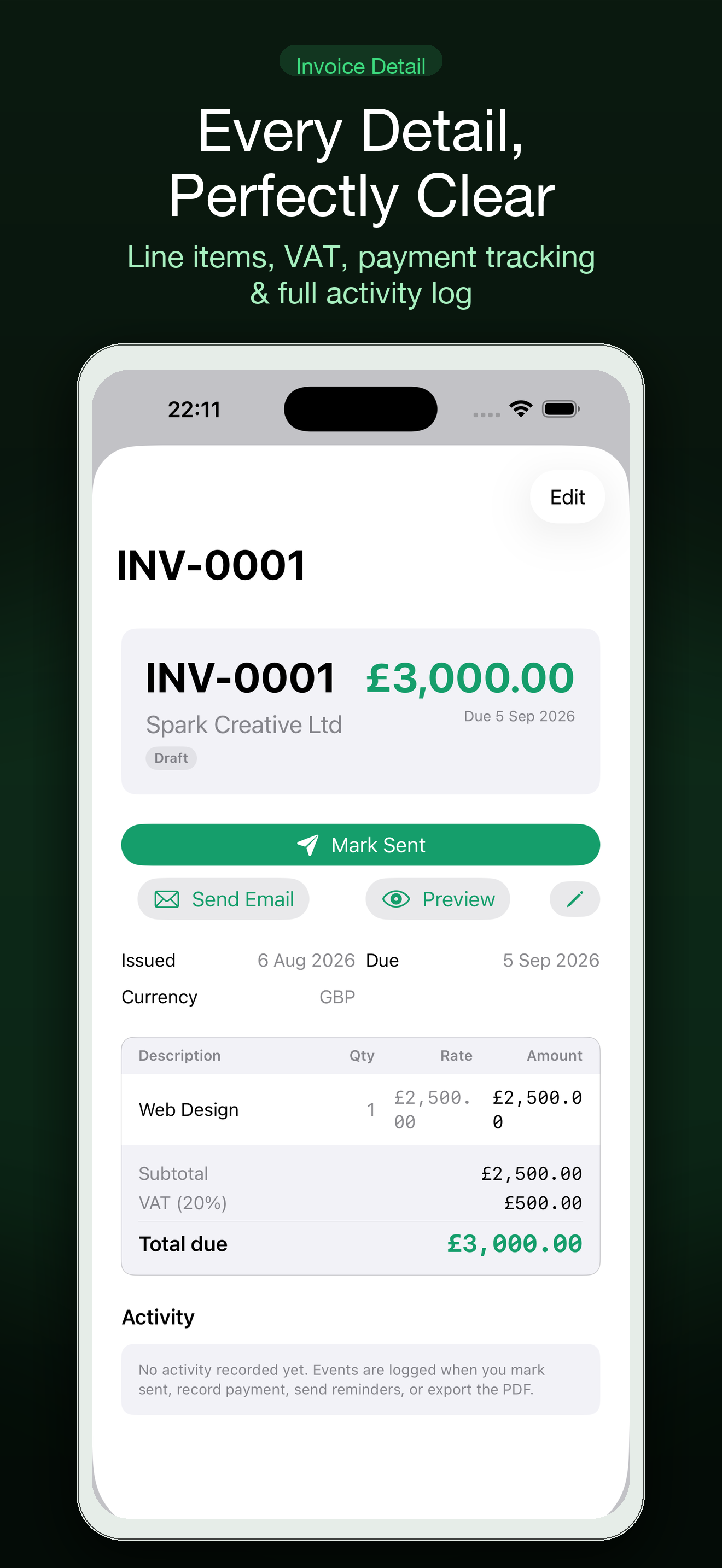 Settle invoice detail showing line items, VAT, and action buttons