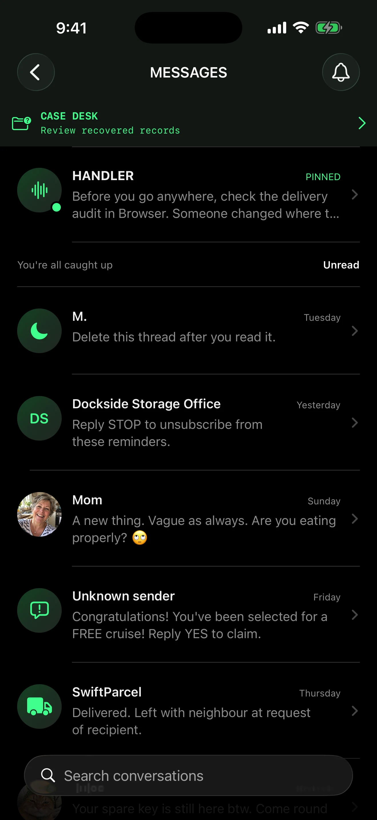 Messages app with several conversations to investigate