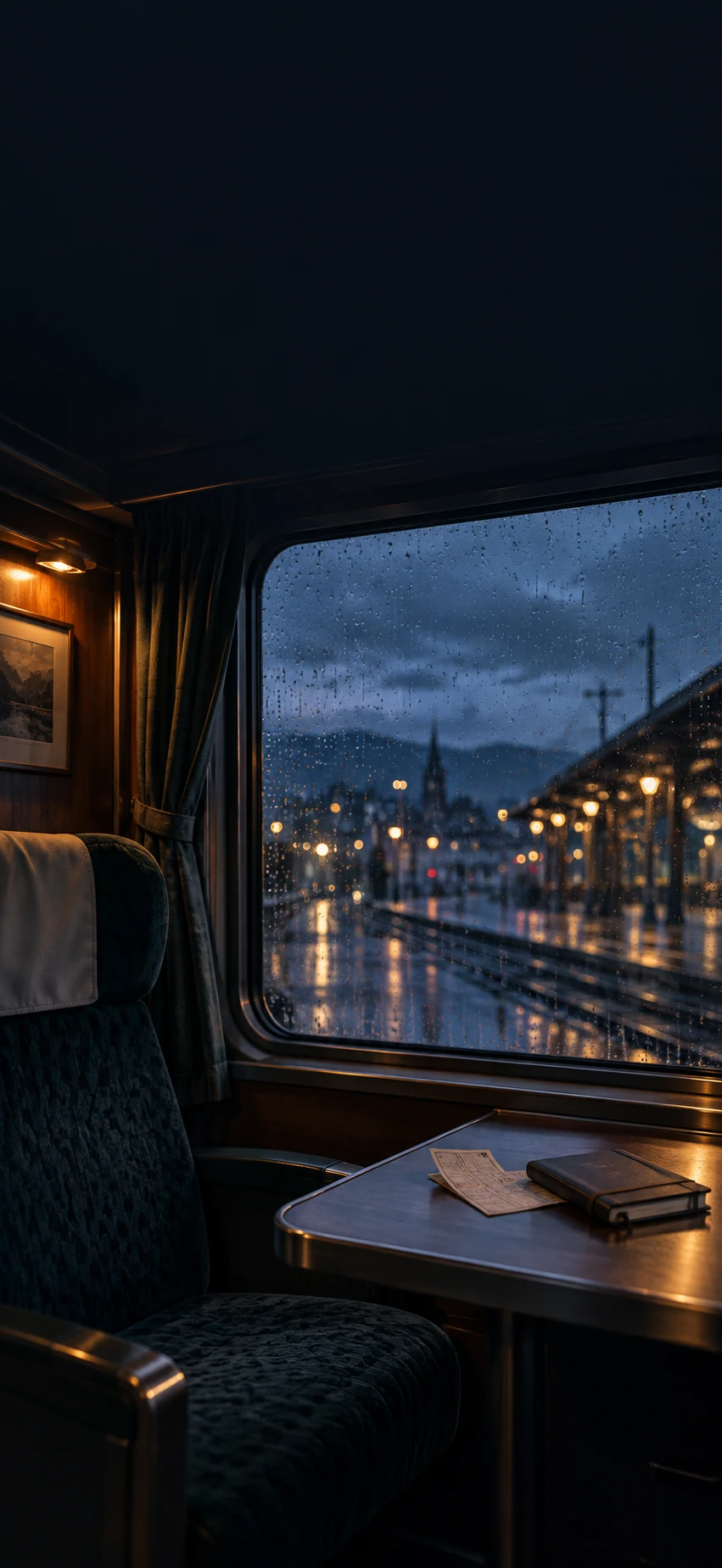 Rain and lights through a train window