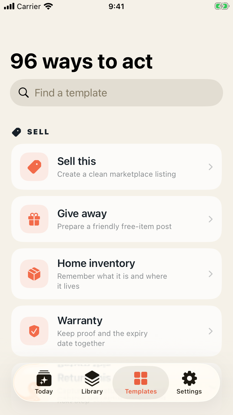 SnapDo library of 96 action templates