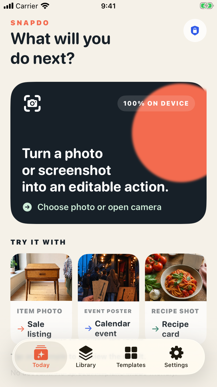 SnapDo Today screen showing photo-based action examples