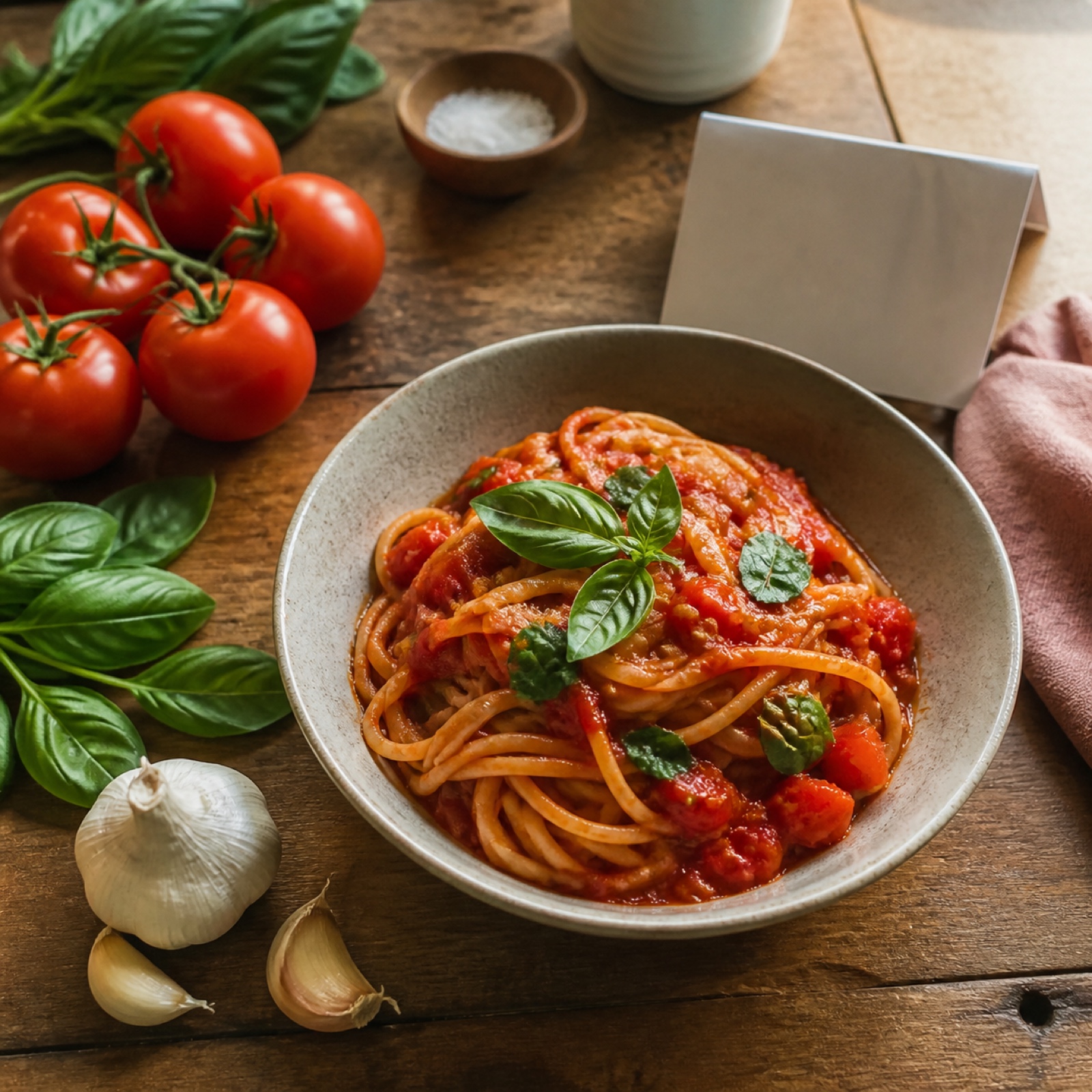Tomato basil pasta and ingredients on a wooden table