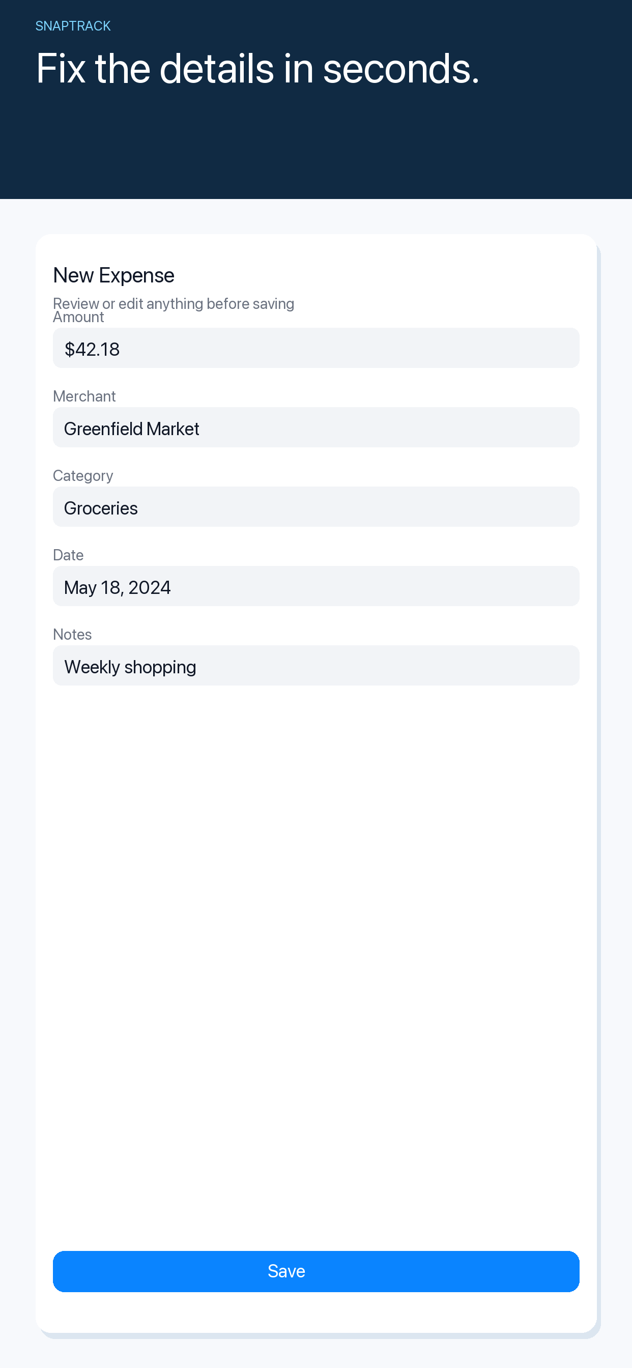 SnapTrack manual expense entry