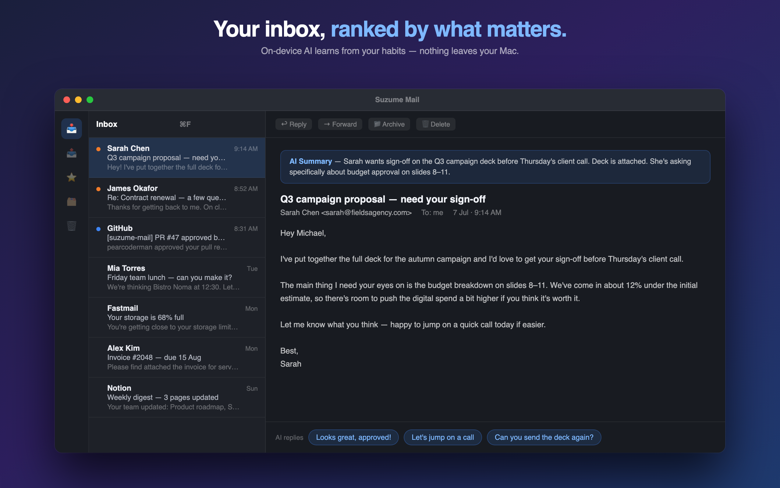 Suzume Mail inbox on Mac
