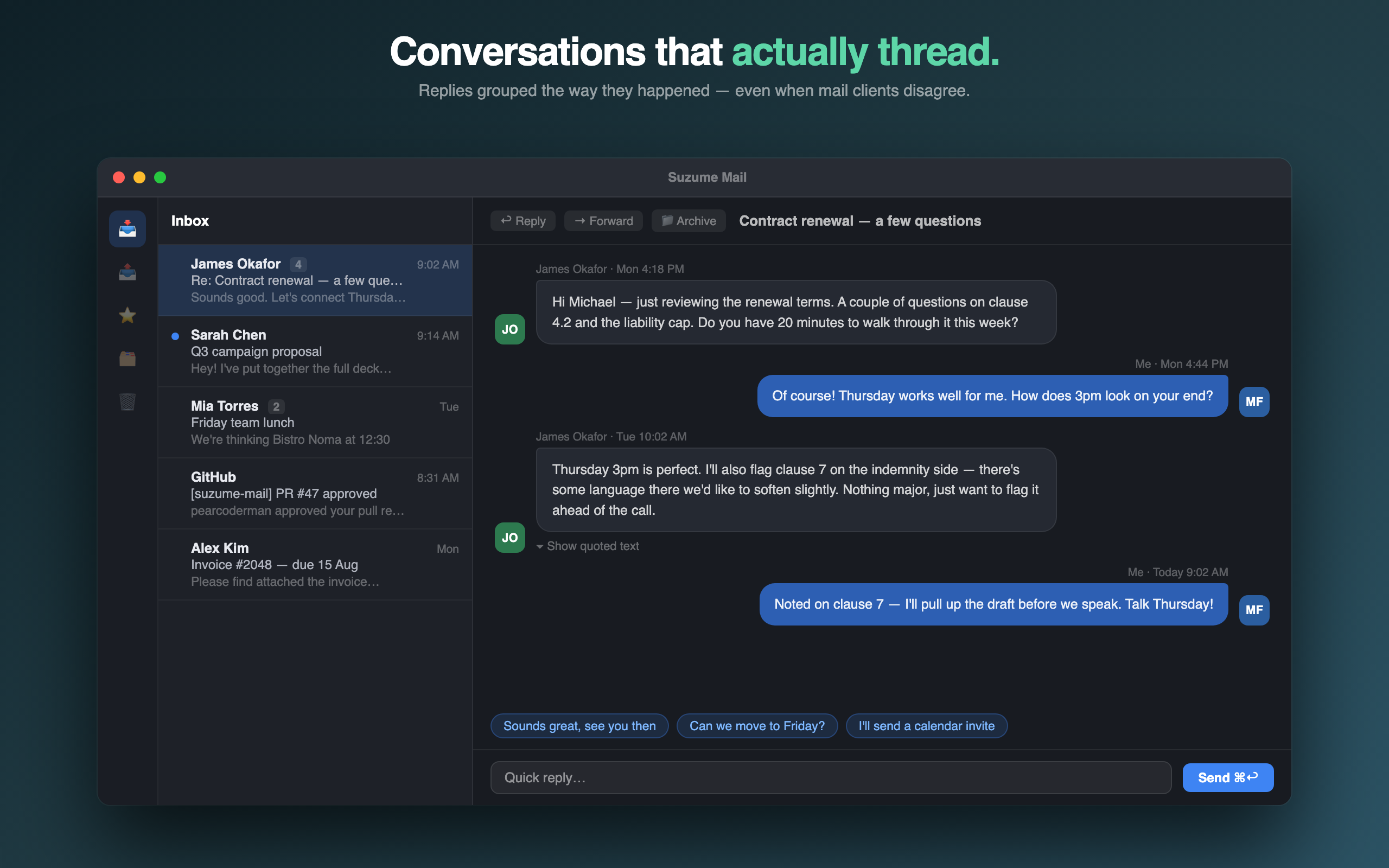 Suzume Mail chat-style thread on Mac