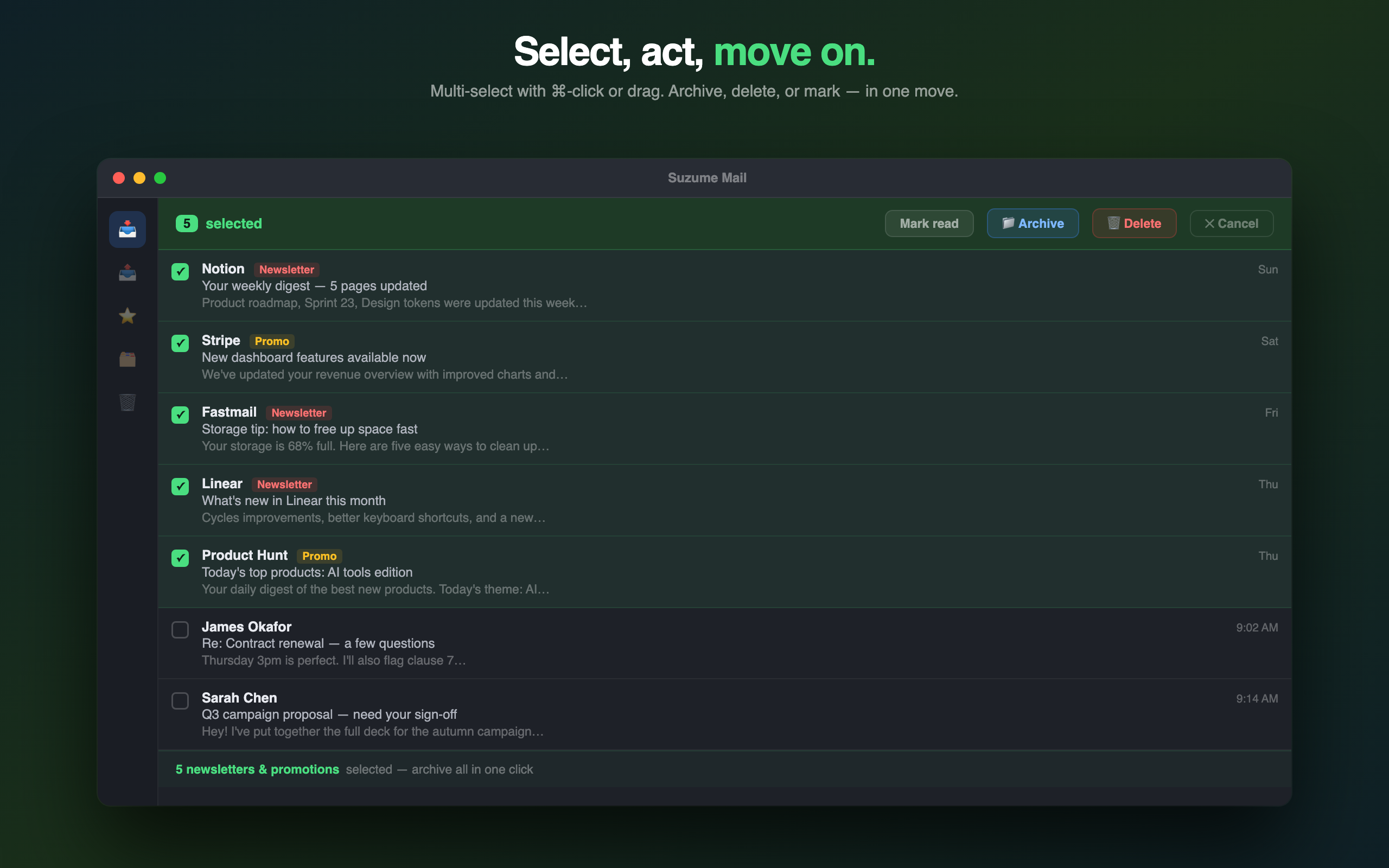 Suzume Mail multi-select bulk actions
