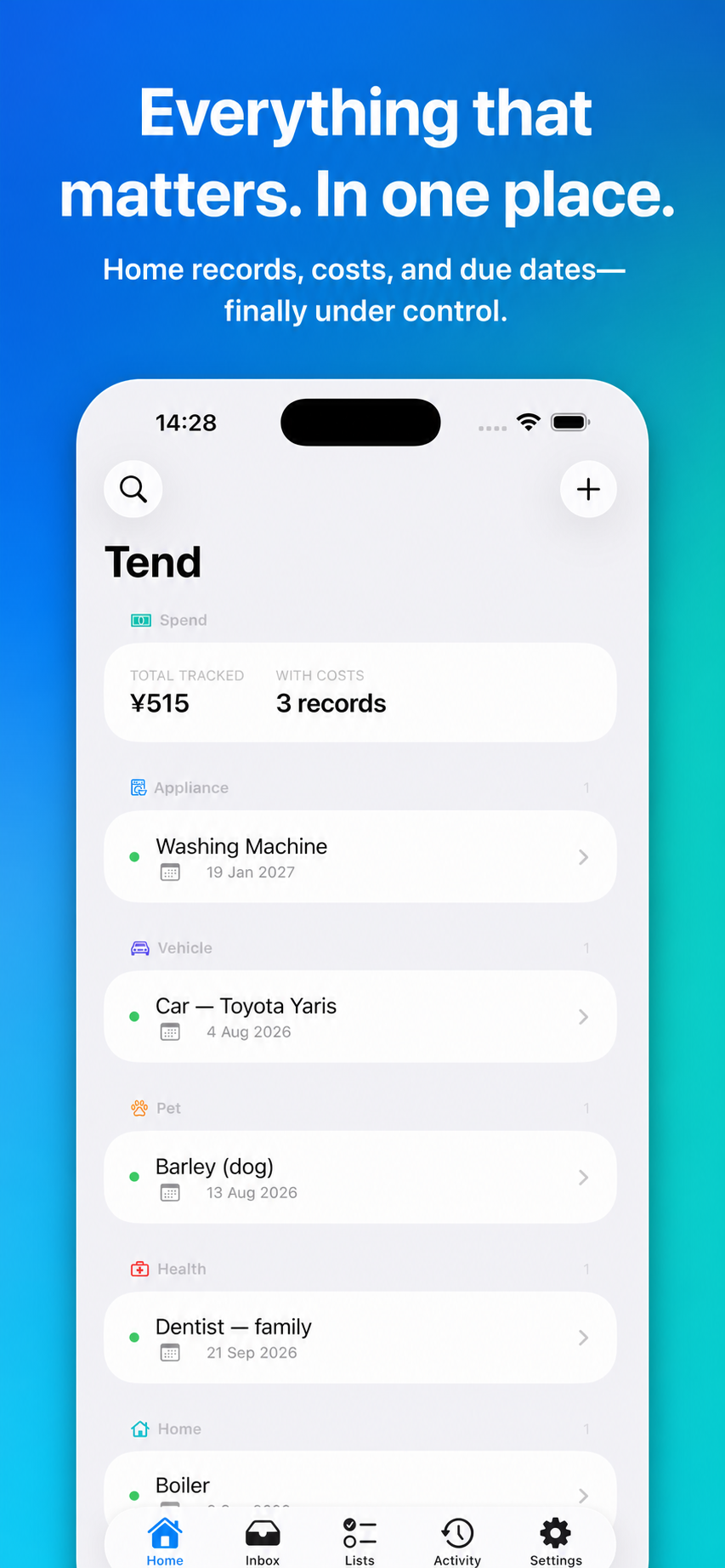 Tend home screen showing appliances, vehicles, and pets