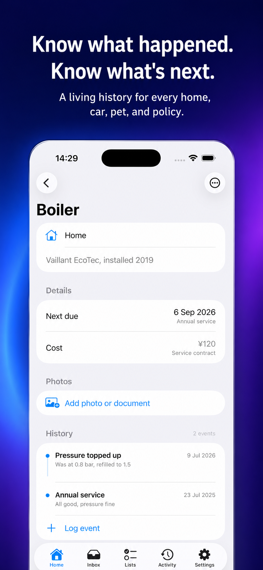 Tend record detail with history and next due date