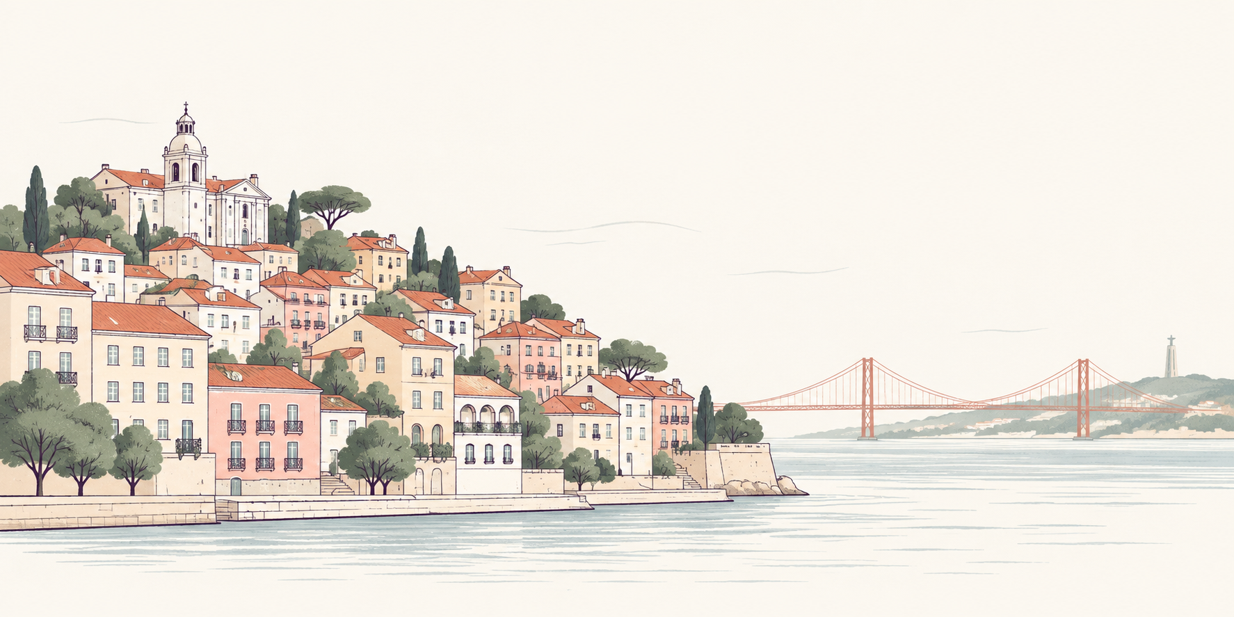 Illustrated riverside neighborhood and bridge, a possible destination for a group trip
