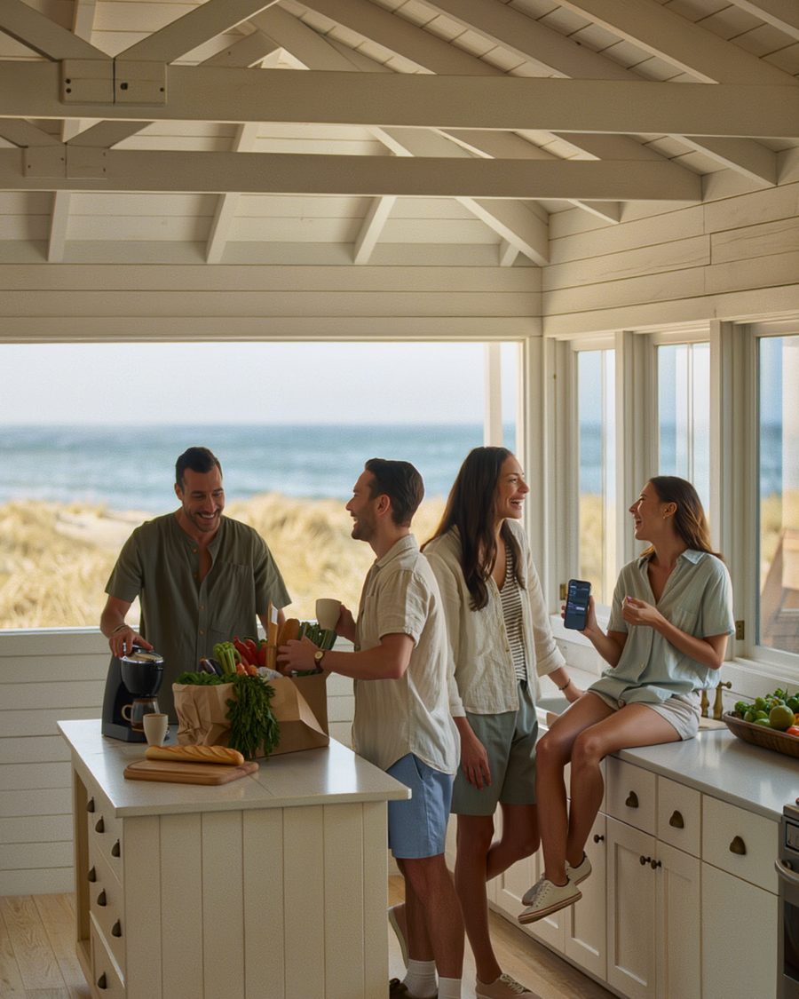 Friends unpacking groceries and pouring coffee in a sunny beach house kitchen while one checks who paid on her iPhone
