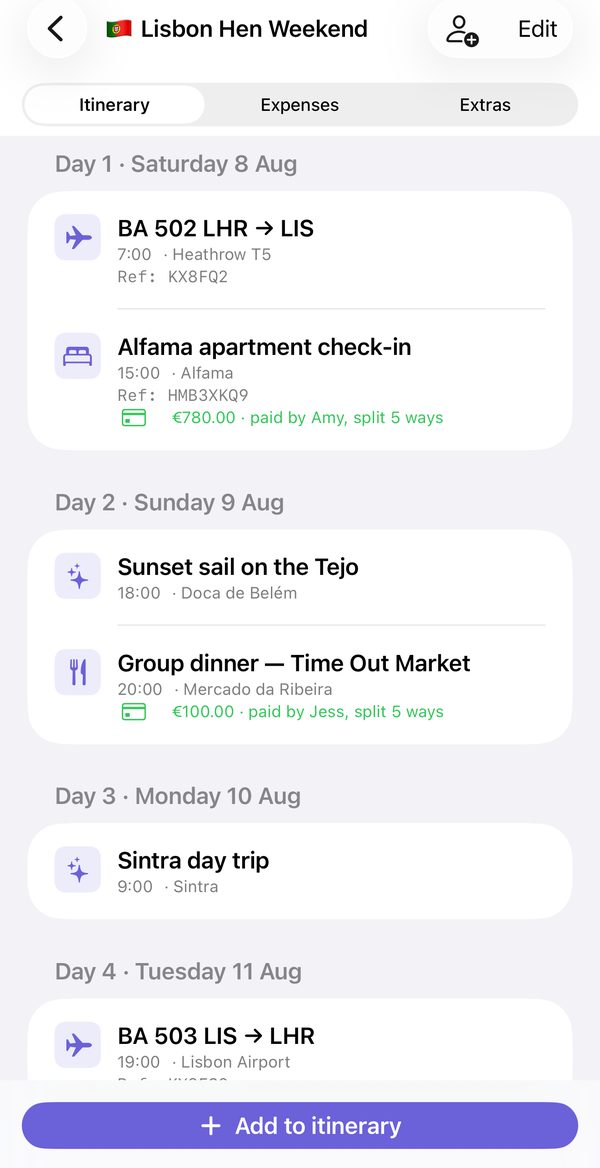 A shared trip itinerary in Troupe showing bookings, times and who paid