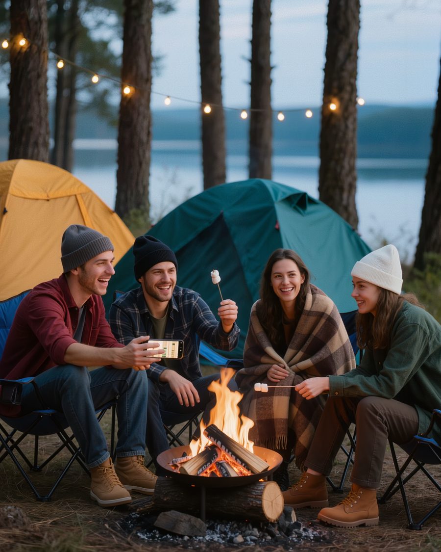 Friends around a campfire at a forest campsite at dusk, one showing the hiking plan on an iPhone