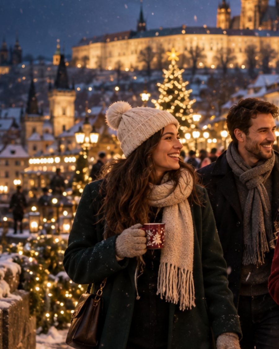 Friends walking through a snowy Christmas market at night with warm drinks