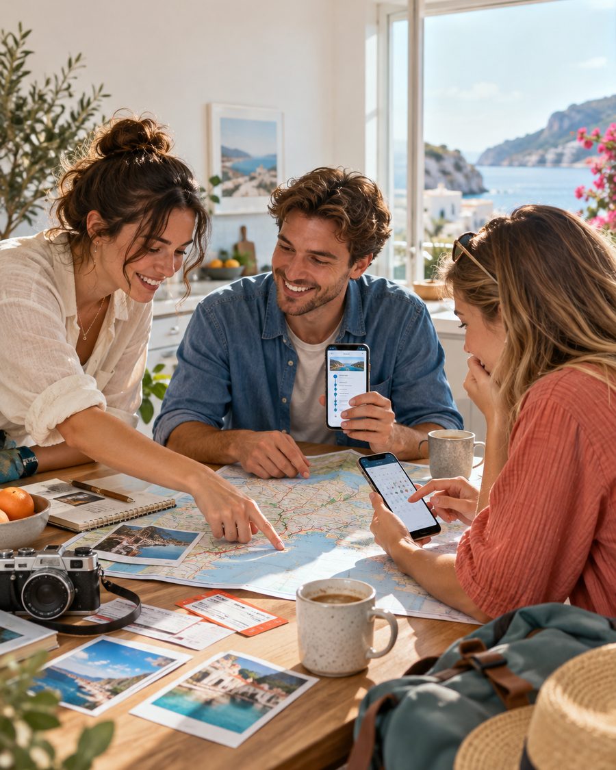 Three friends planning a trip together around a map with their phones
