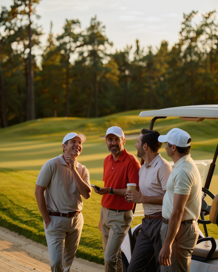 Four friends by a golf cart on a sunny fairway, one showing the tee times on his iPhone