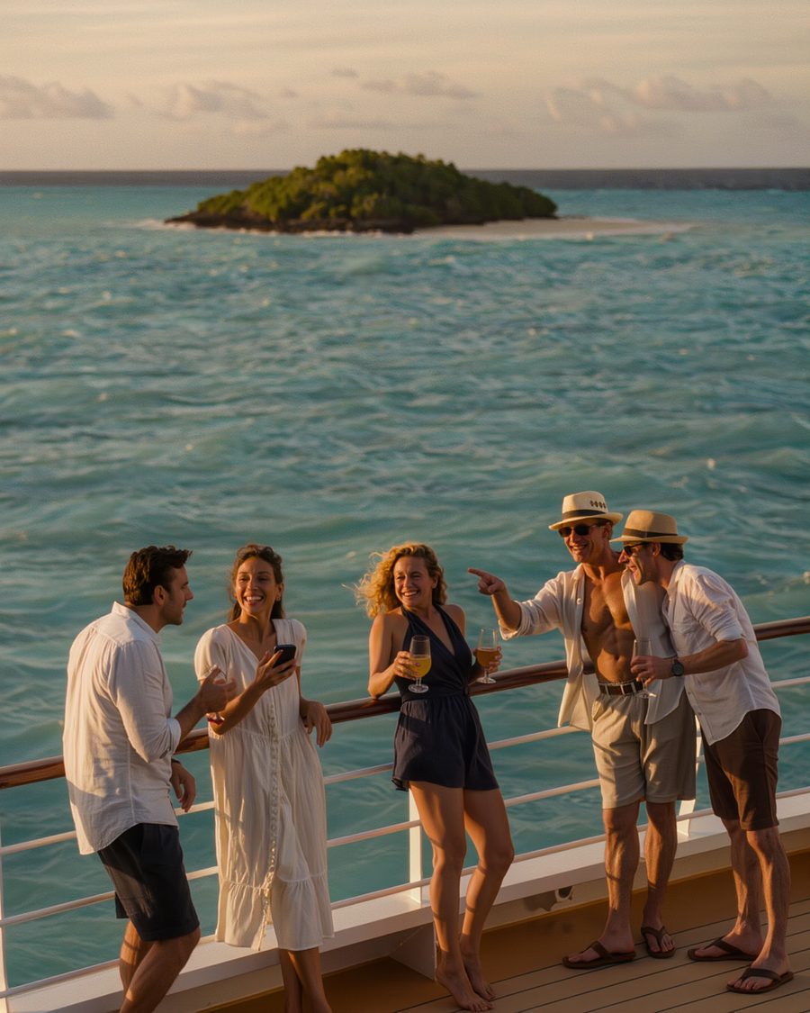 Friends on the deck of a cruise ship at sunset, one showing the shore excursion plan on an iPhone