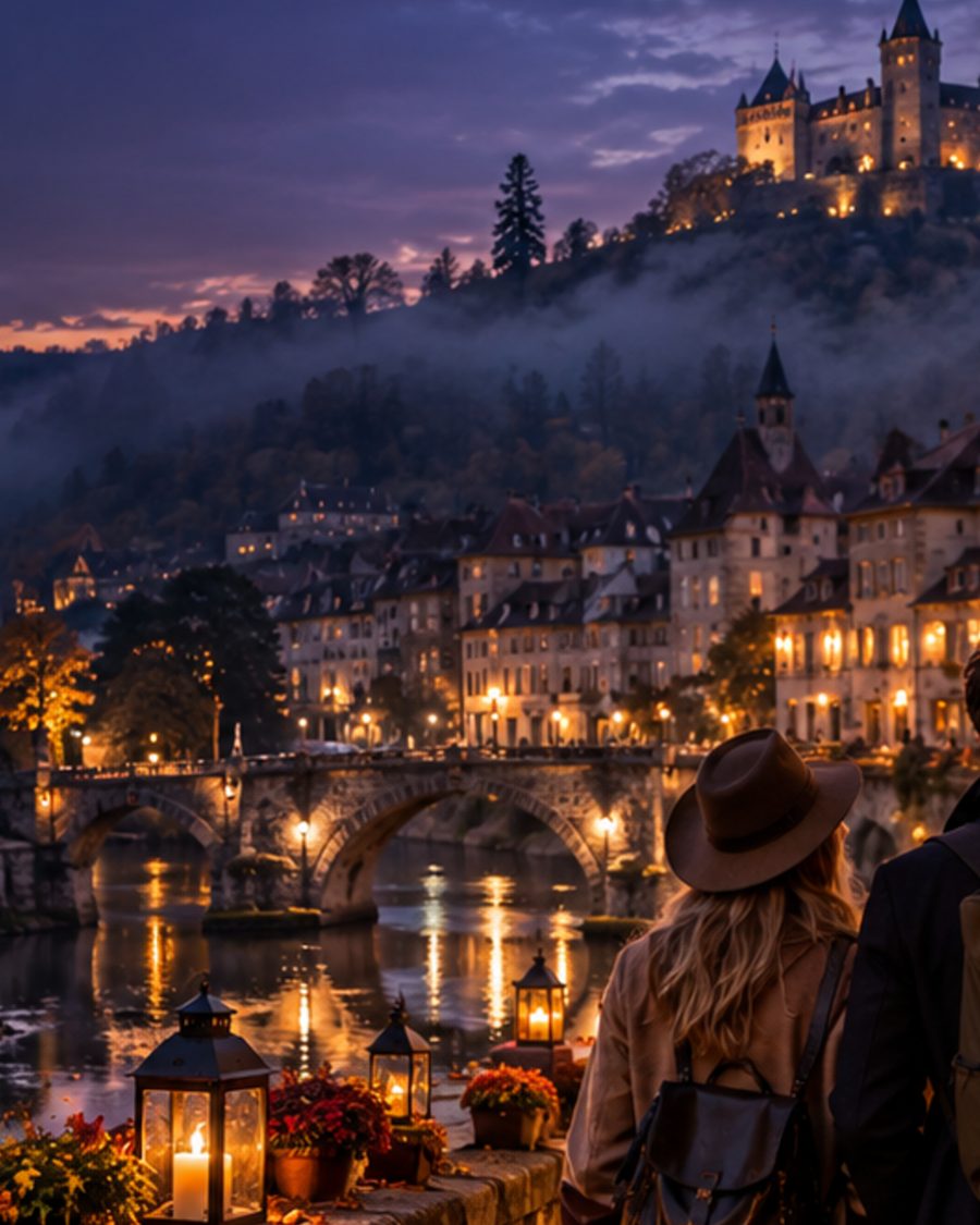 Friends walking by a river through an old town at dusk with lanterns and pumpkins, a castle above