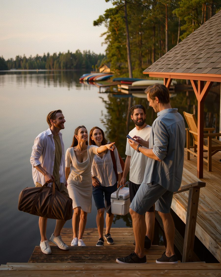 Friends carrying bags up the dock steps to a lake house on a summer afternoon